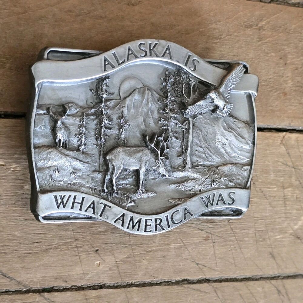 Alaska Is What America Was Belt Buckle Pewter 1981 Siskiyou / Bergamot Brass